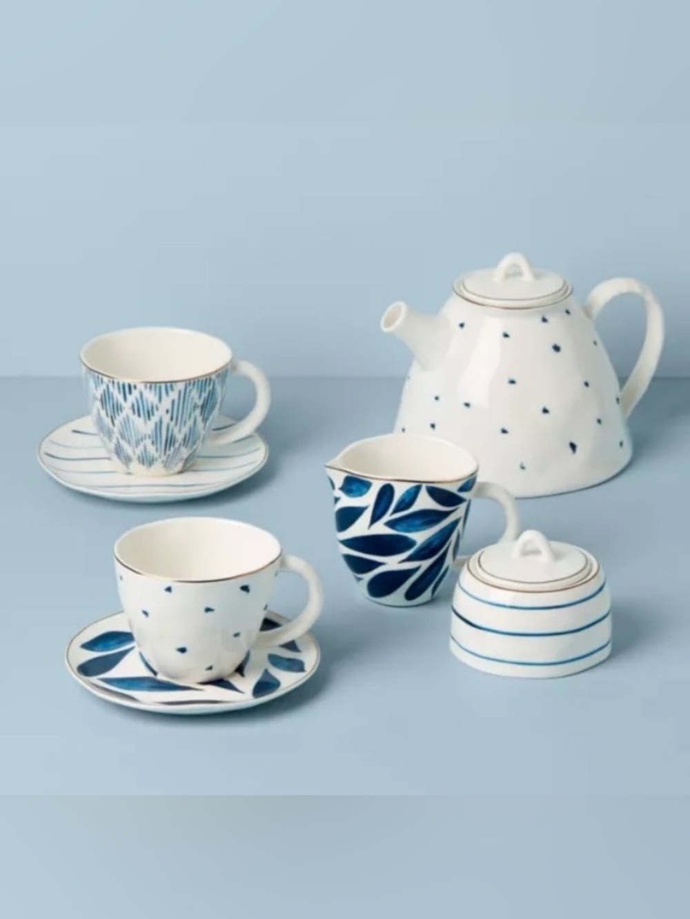 Lenox Blue Bay White and Blue 9-piece Porcelain Tea Set
